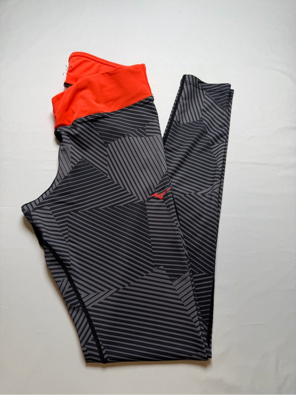 Mizuno Black Geo Stripe Leggings with Bright Orange Waistband
